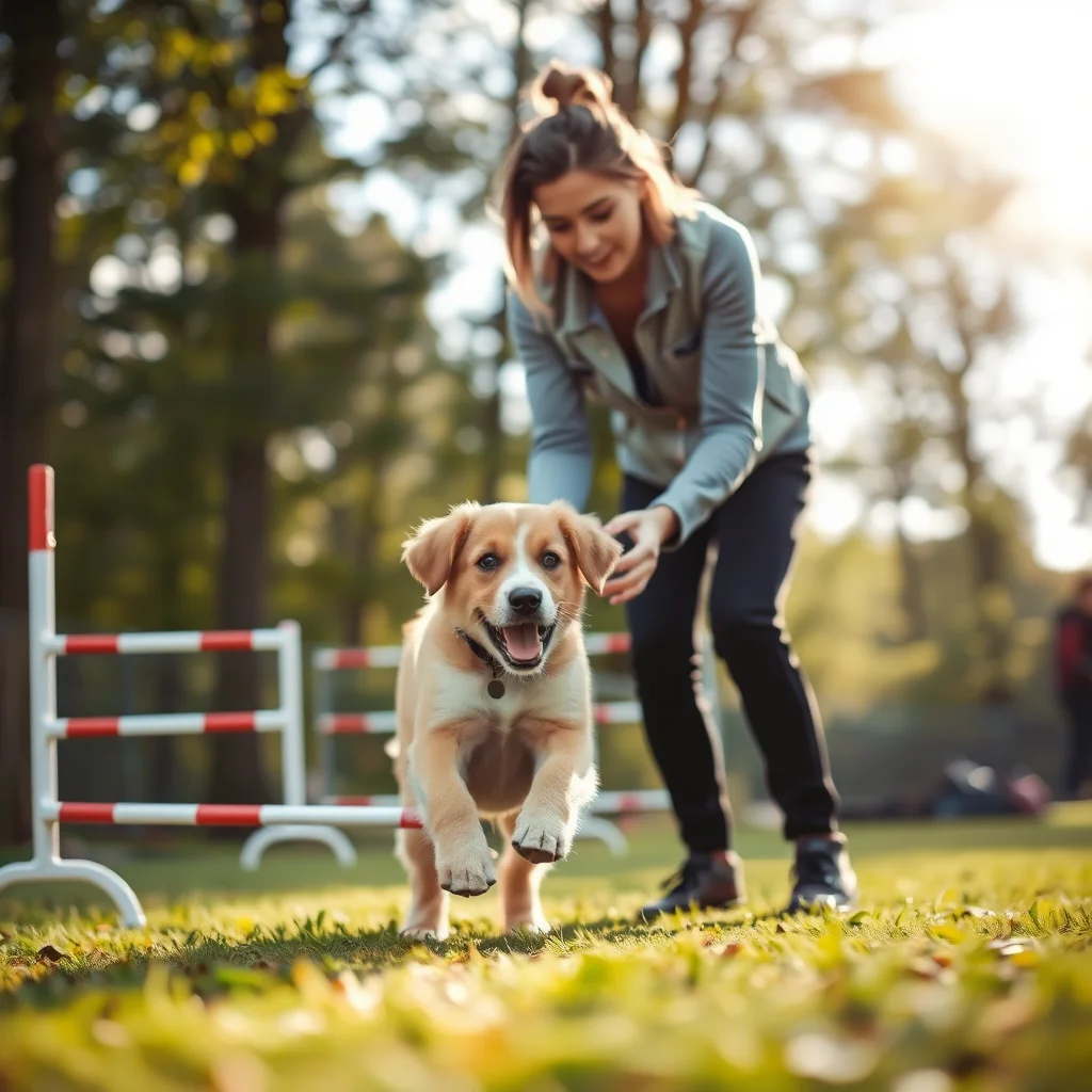 Entrenador guía a un cachorro en un curso.