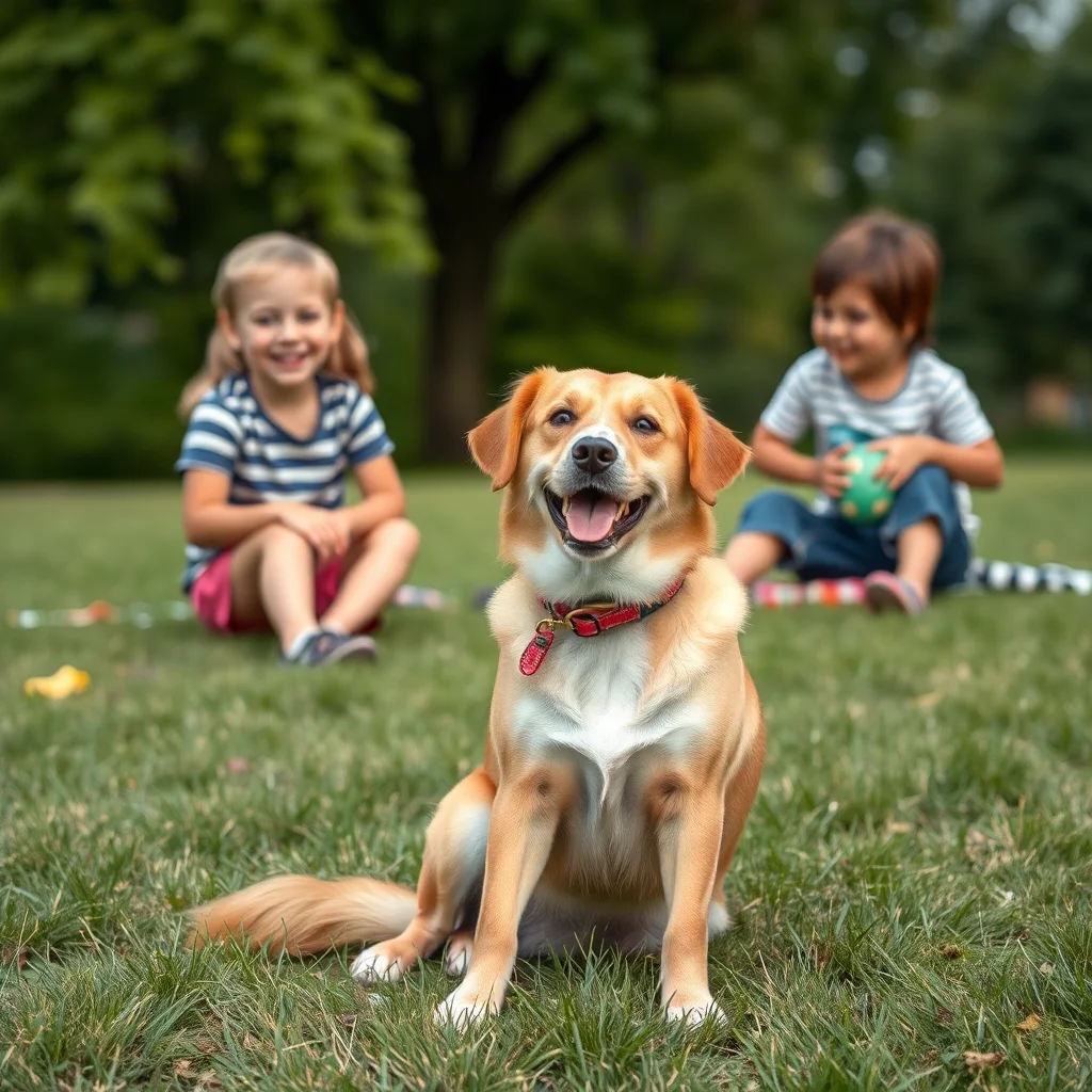 Un perro tranquilo mientras los niños juegan.