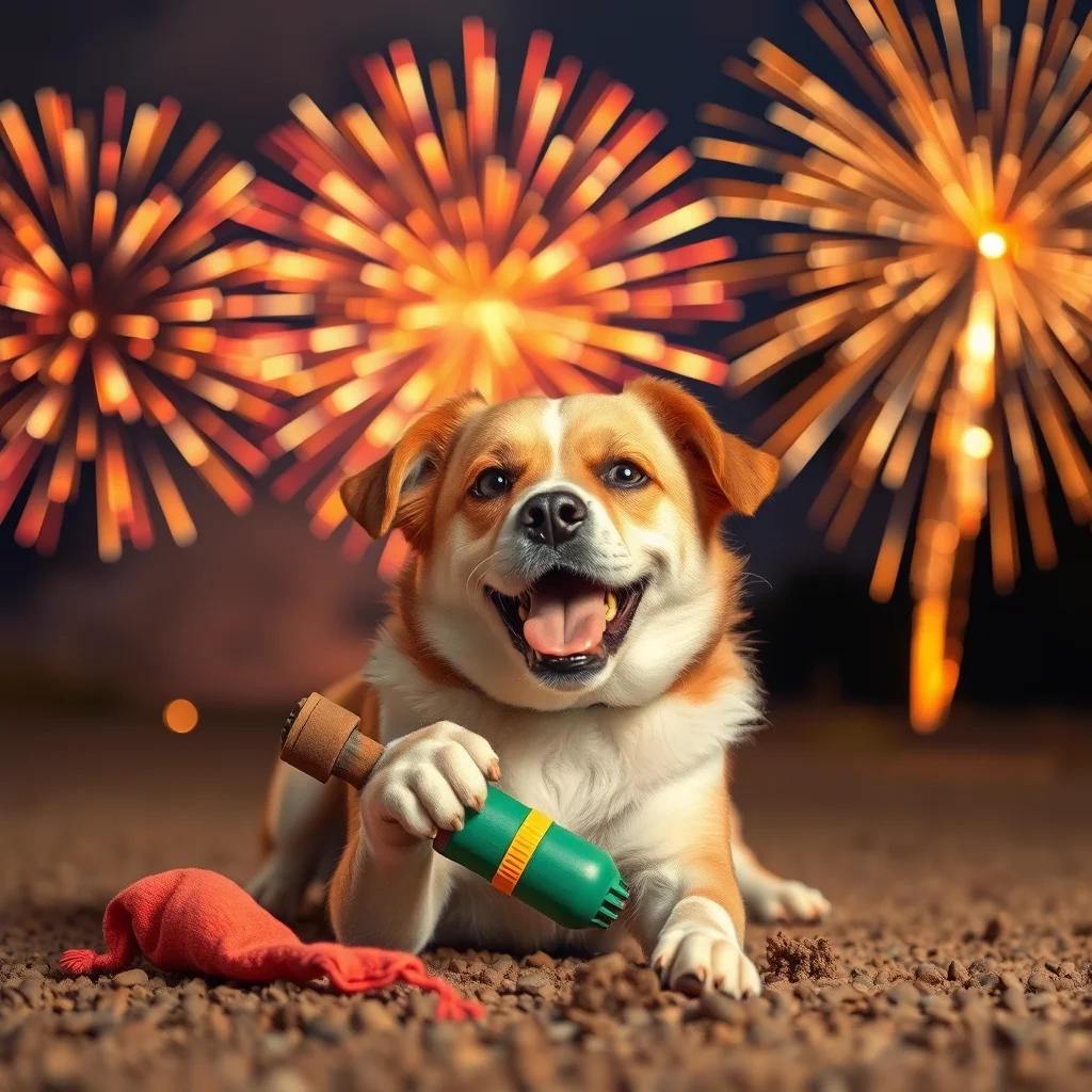 Un perro juega con un juguete durante fuegos artificiales.