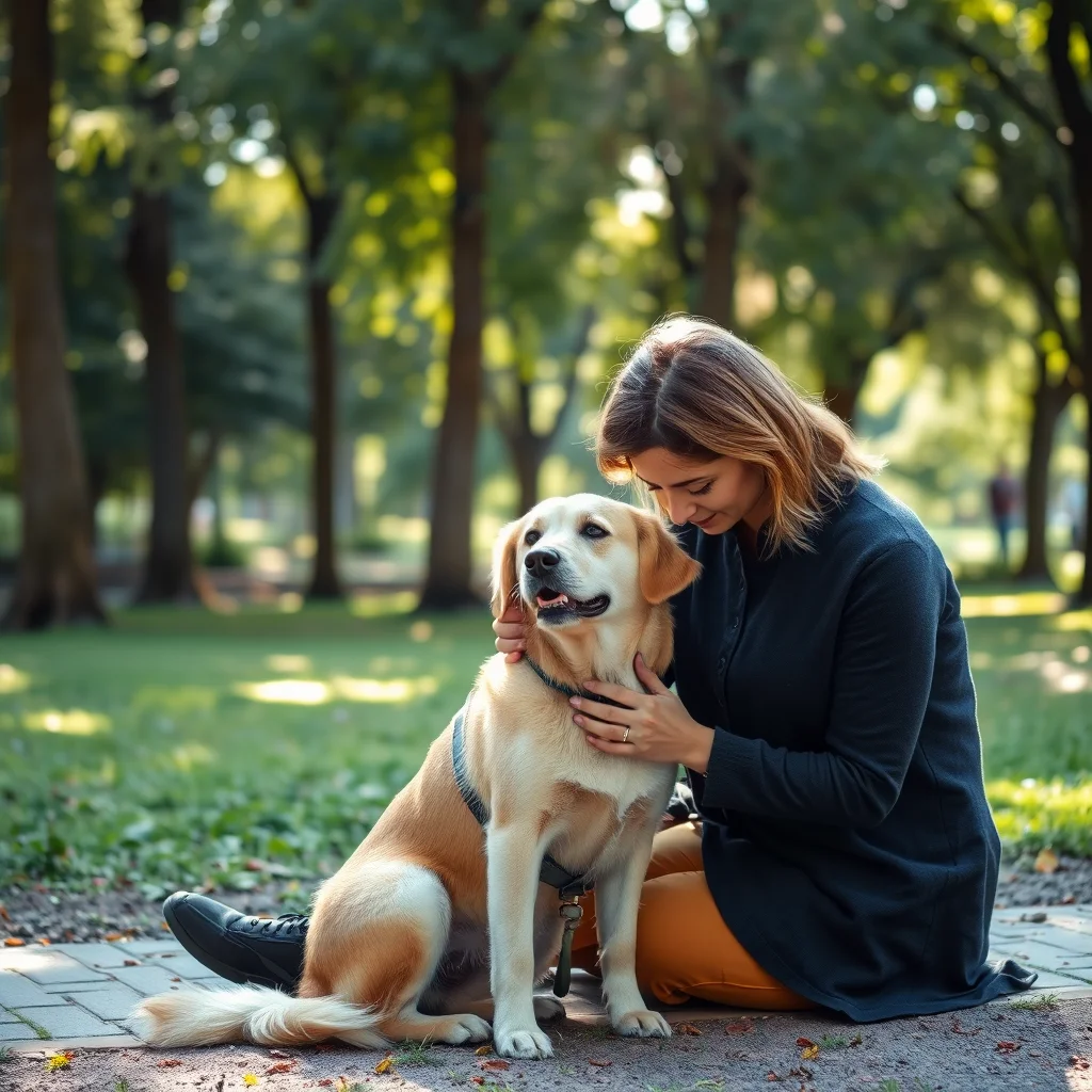 Perro de terapia en parque con persona.