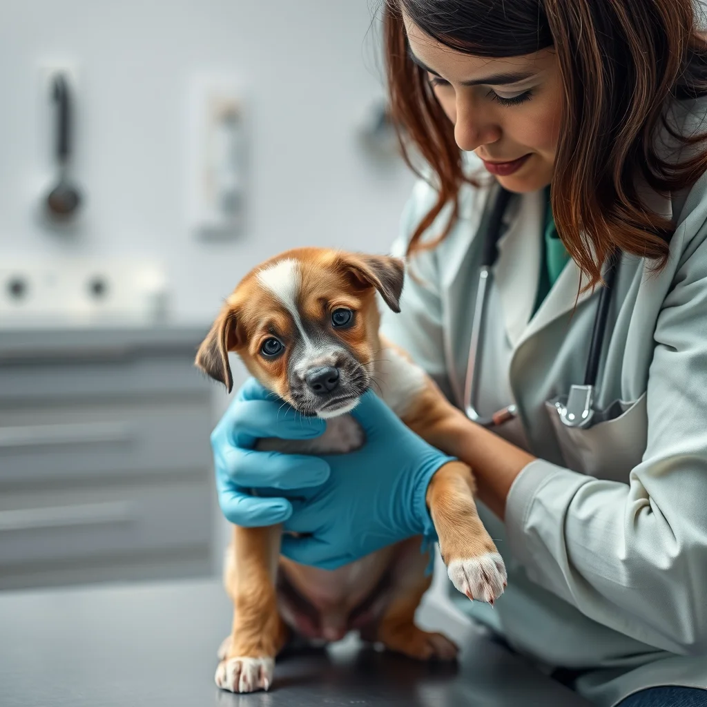 Dueño preocupado en clínica veterinaria con cachorro.