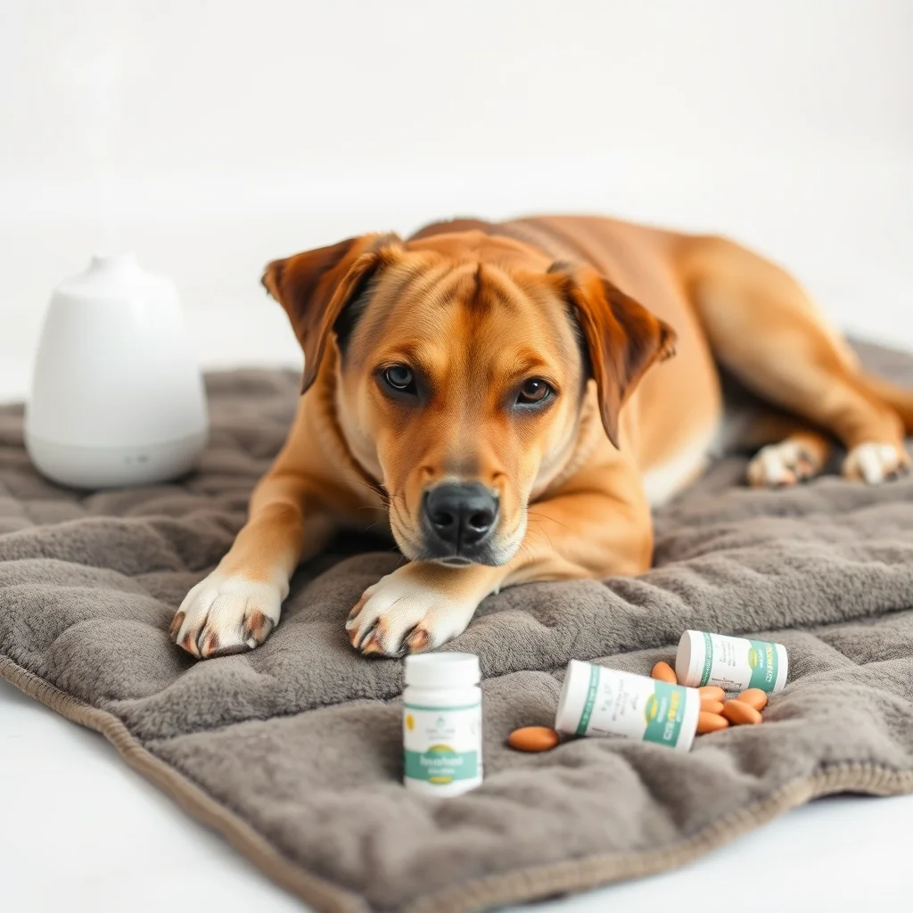 Perro tranquilo con difusores y suplementos.