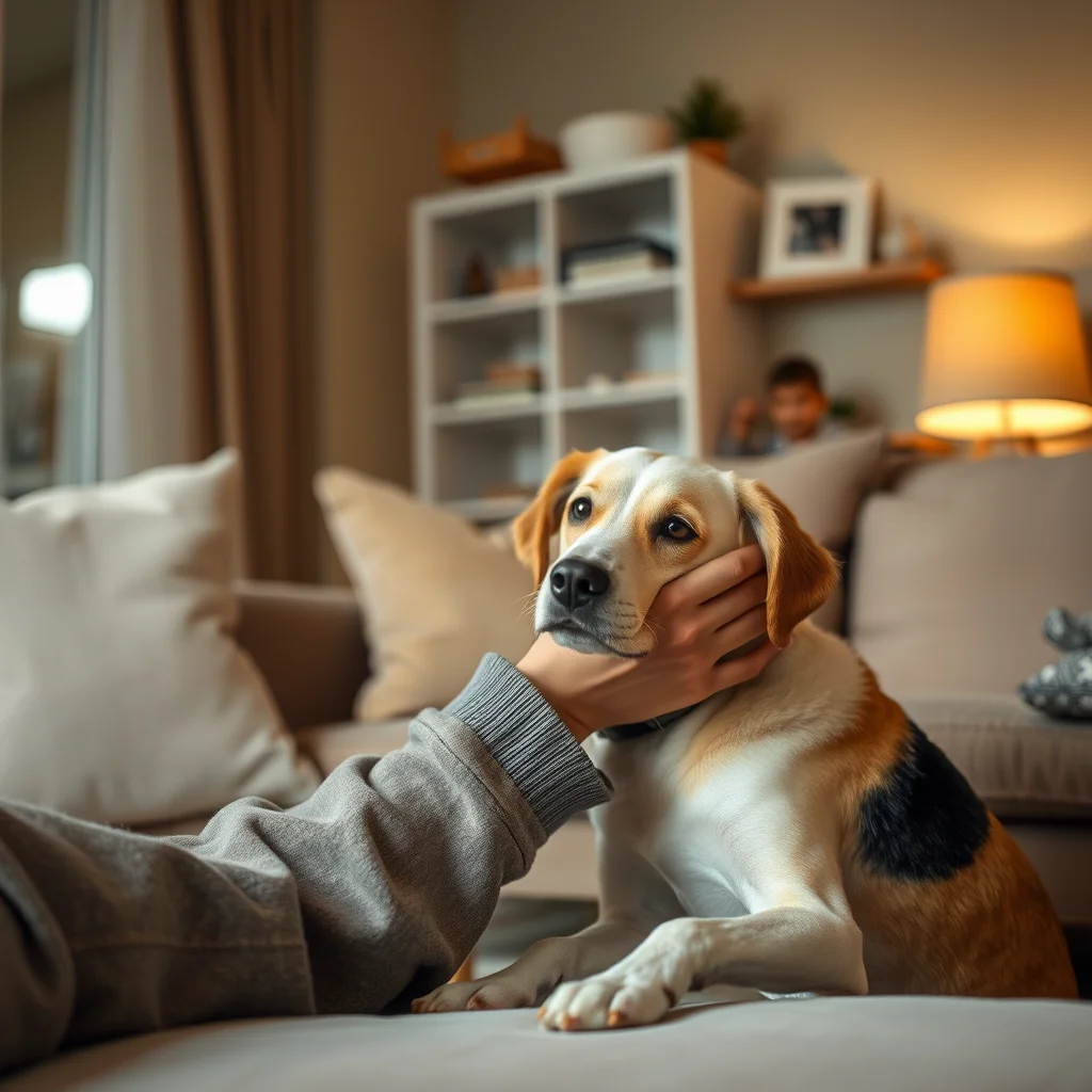 Persona consuela a un perro en casa.