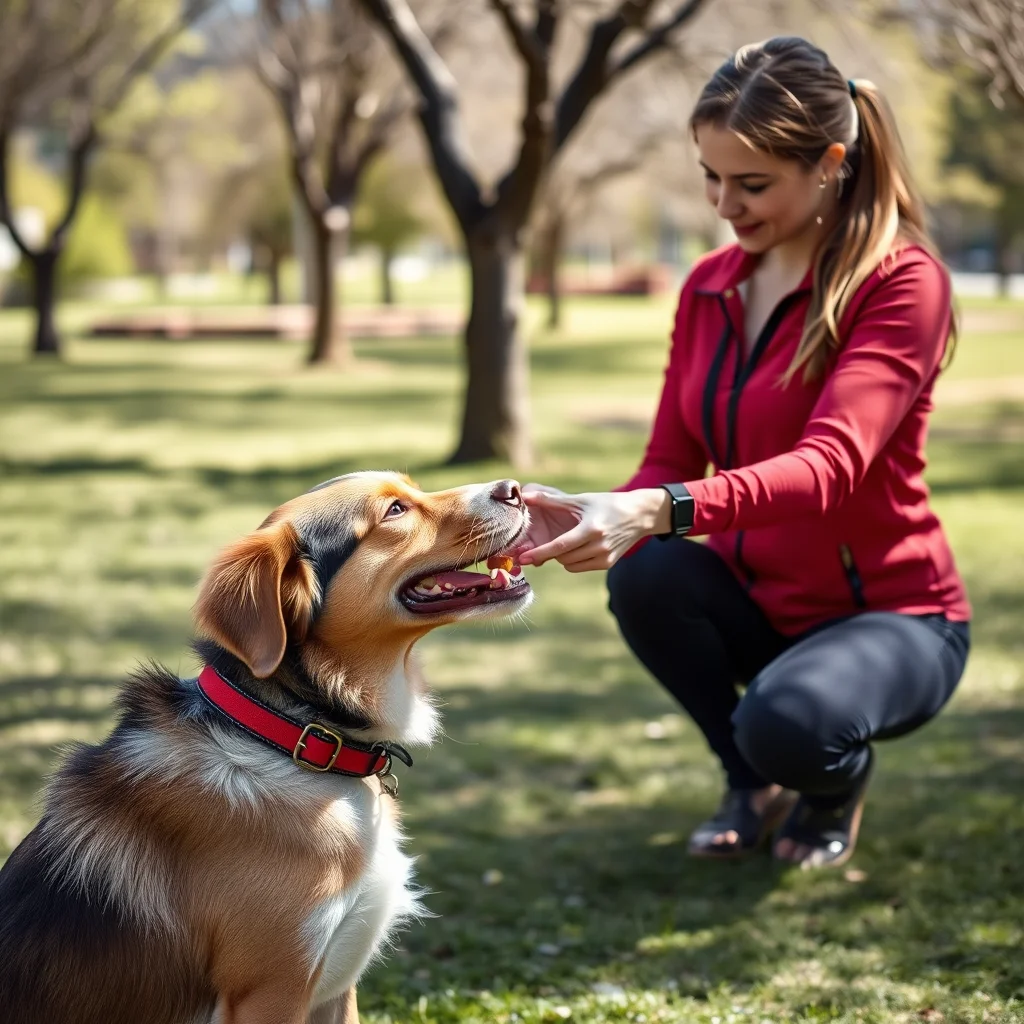 Entrenador recompensa a un perro con golosinas.