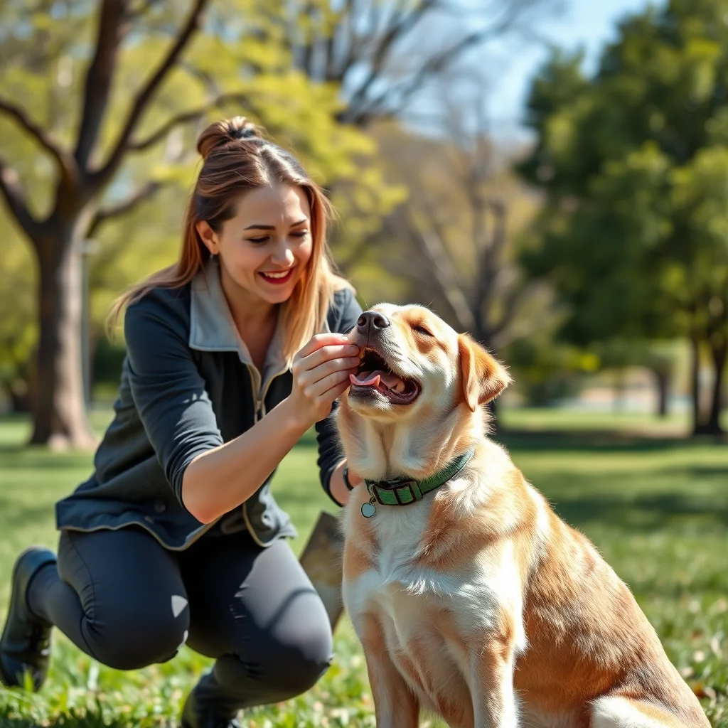 Entrenador recompensa a un perro en el parque.