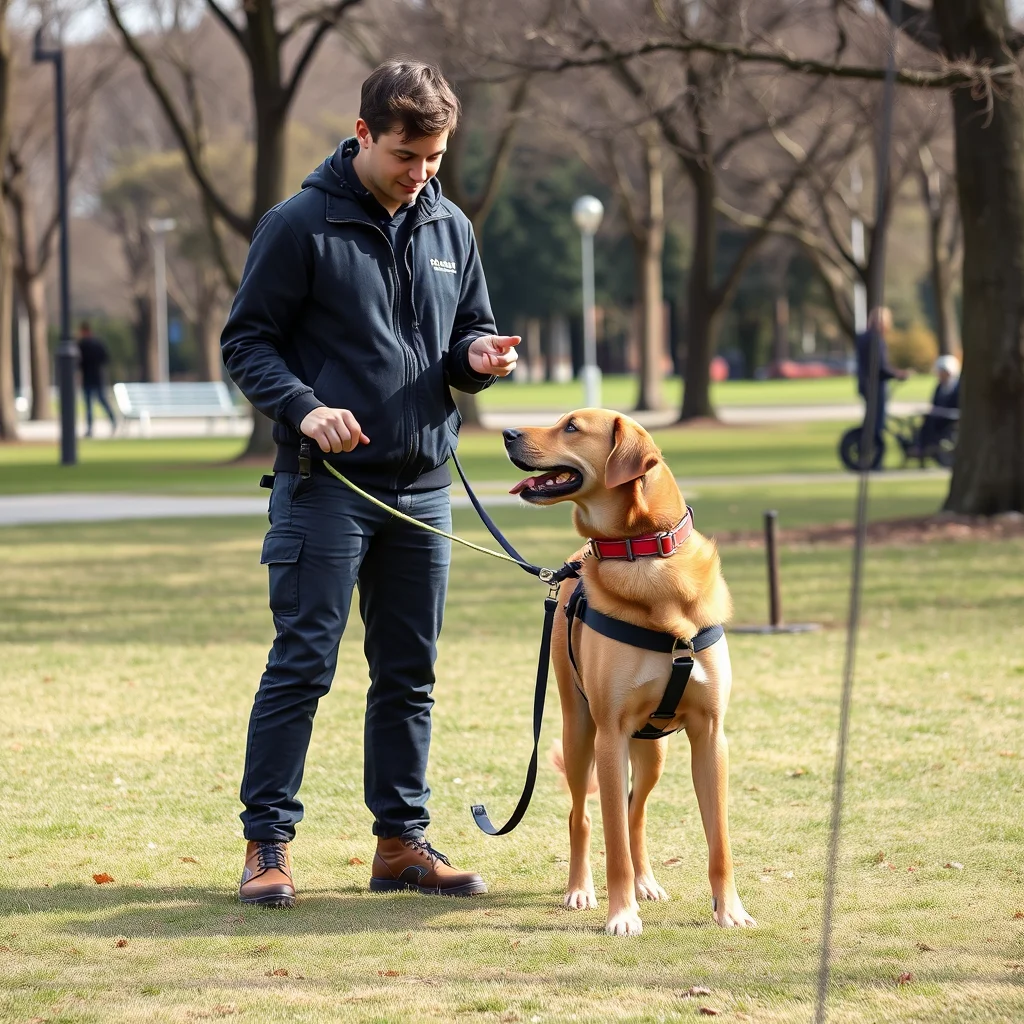 Entrenador de perros en un parque público.