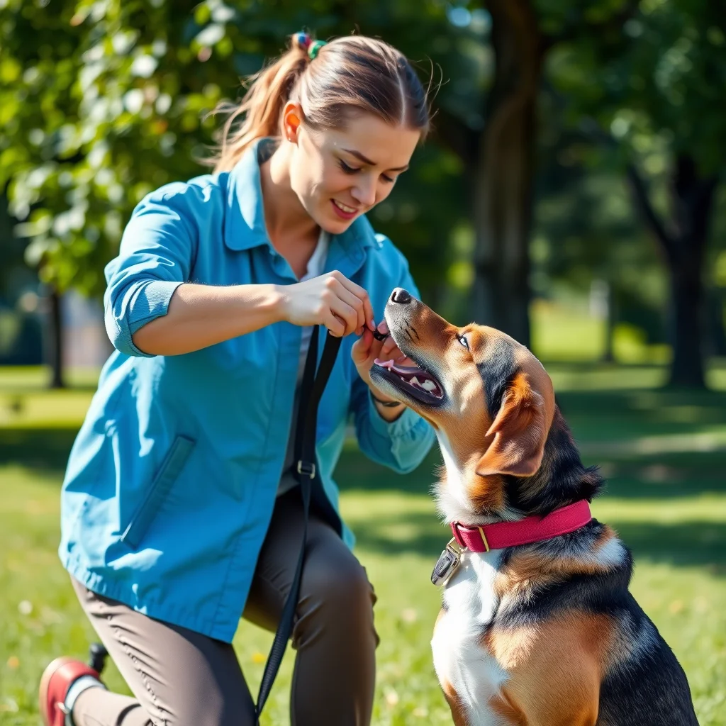 Entrenador ajustando collar a un perro en el parque.