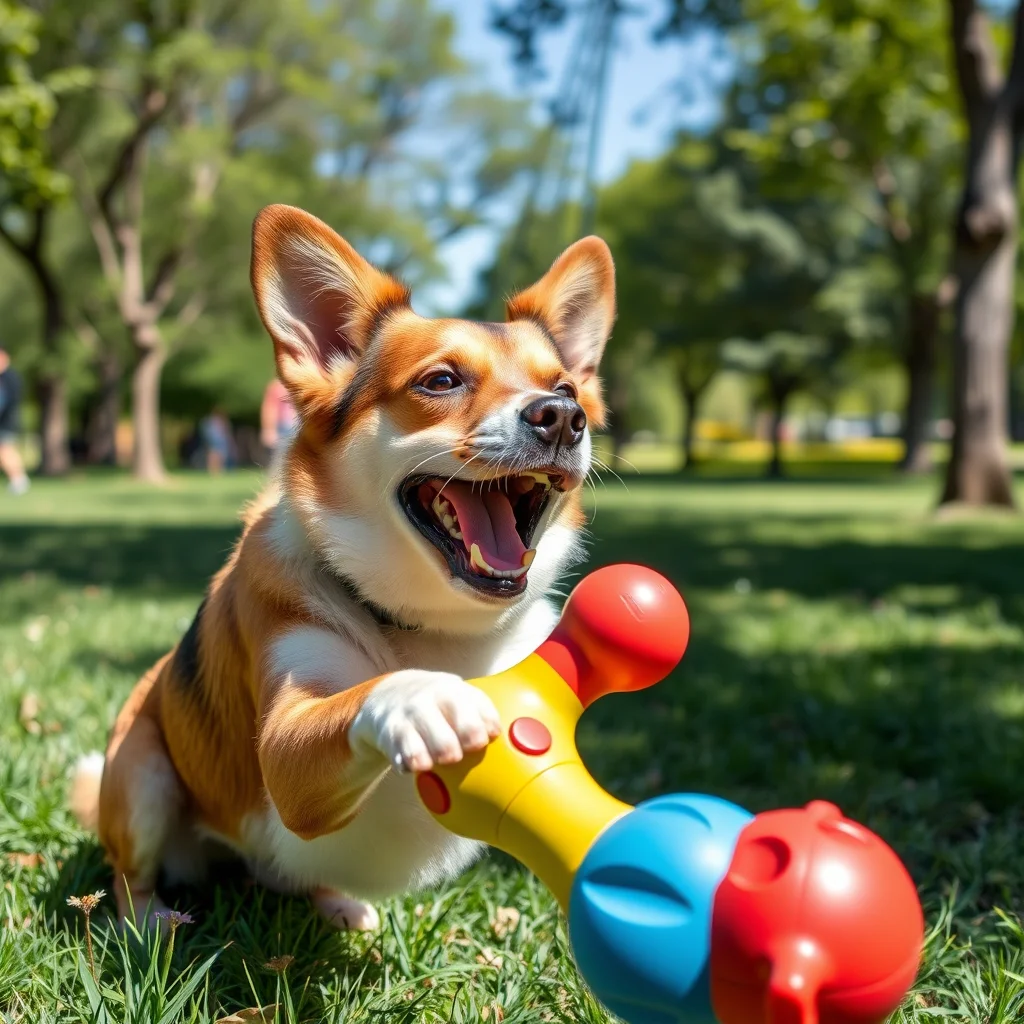 Un perro juega con un juguete interactivo en un parque.
