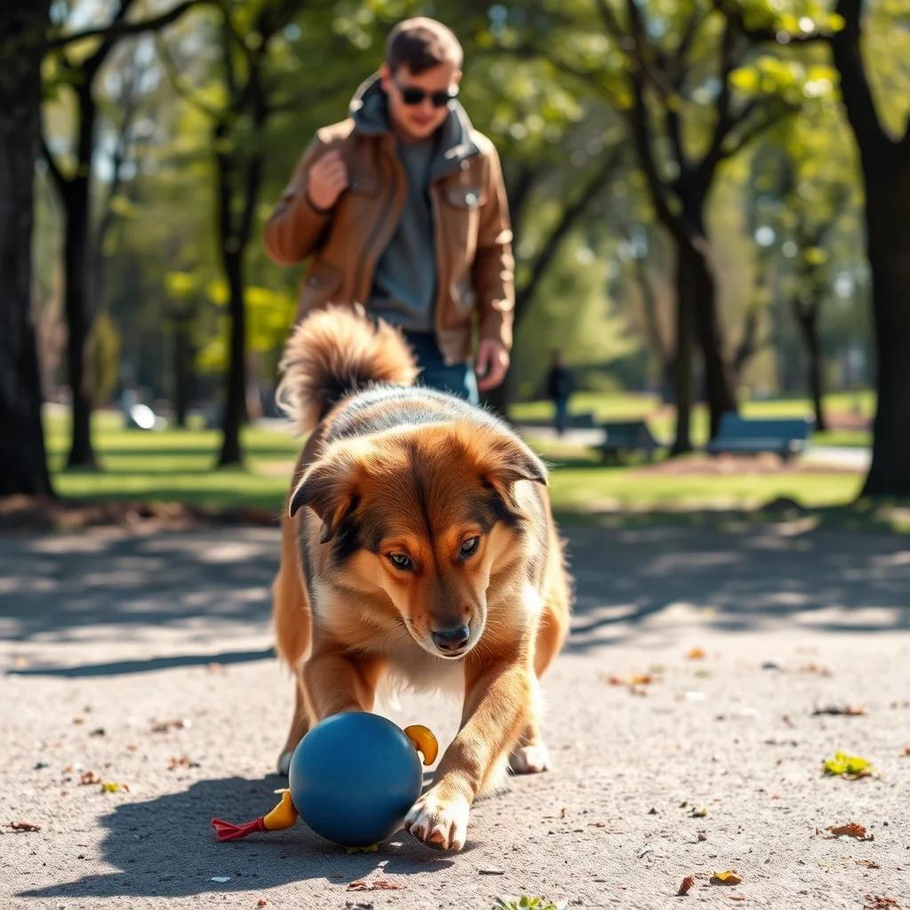 Perro juega en el parque bajo supervisión.