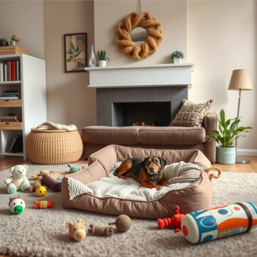 Sala acogedora con cama y juguetes para perro.