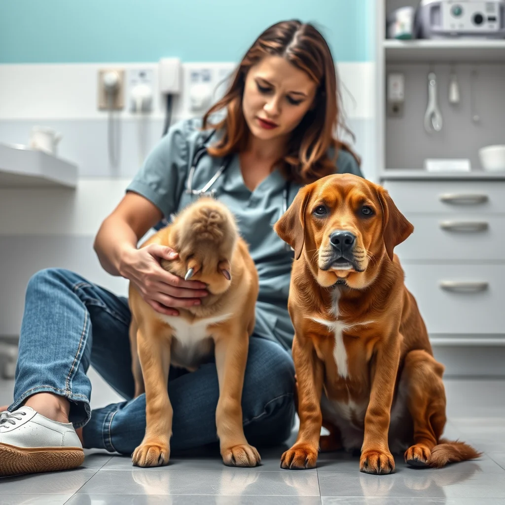 Dueño preocupado con perro tembloroso en veterinaria.
