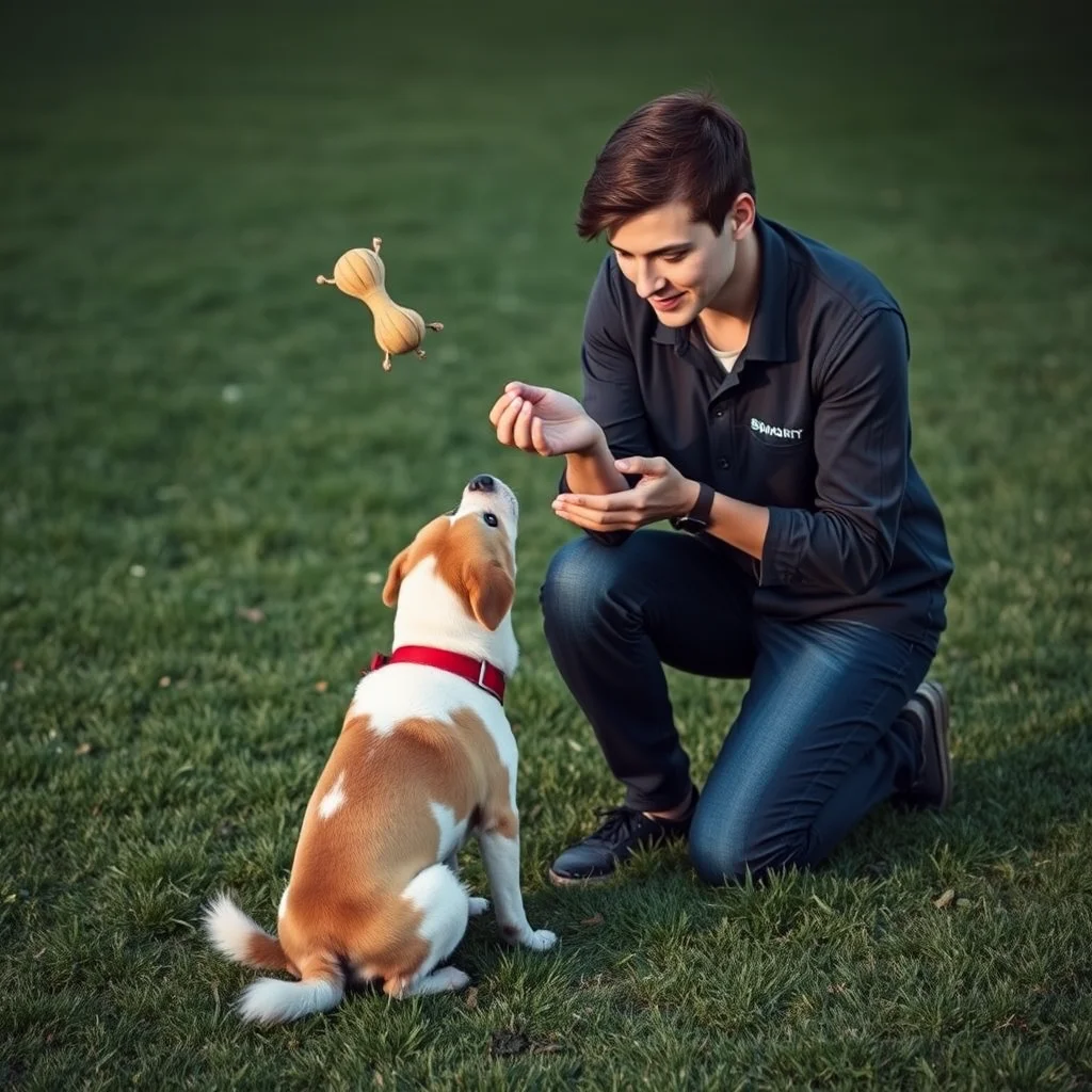 Entrenador juega con un perro tímido.