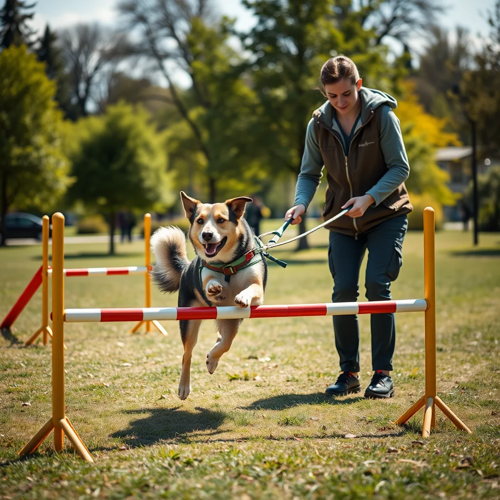 Entrenador y perro en un parque soleado.