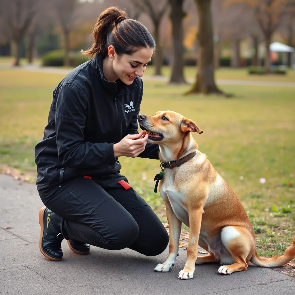 Entrenador premiando a un perro en el parque.