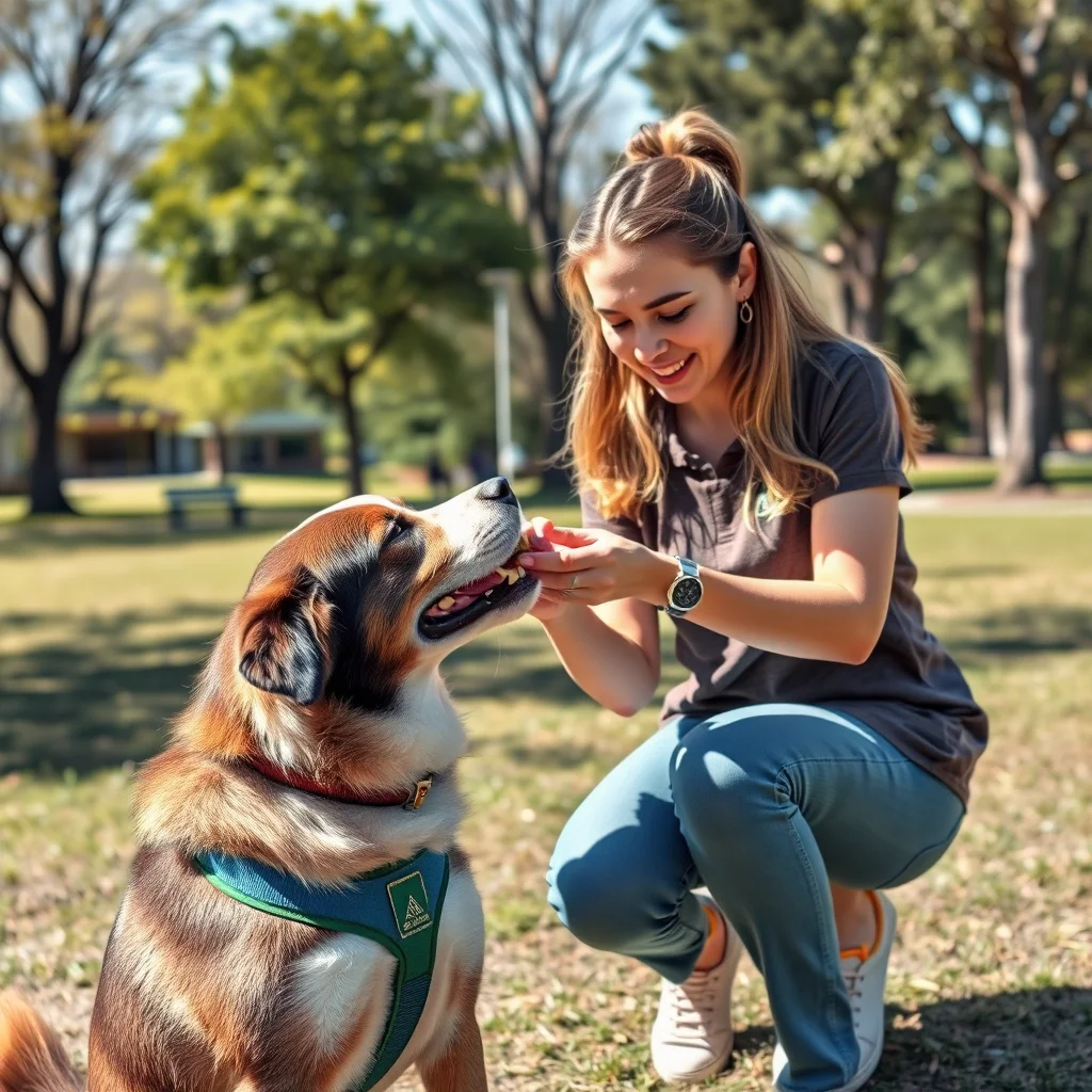 Entrenador recompensa a un perro con una golosina.