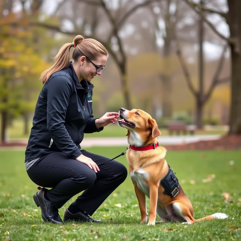 Entrenador y perro en un parque de entrenamiento.