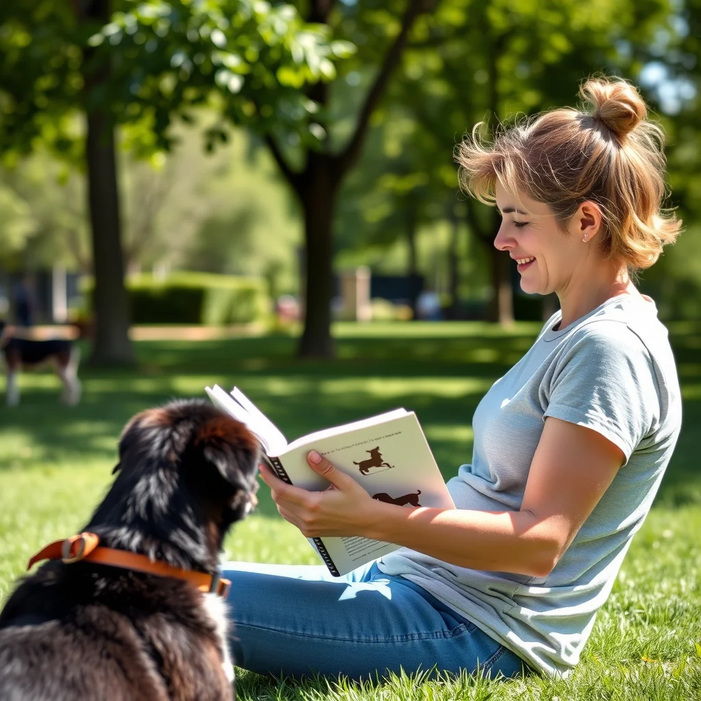 Dueño leyendo sobre socialización canina en parque.
