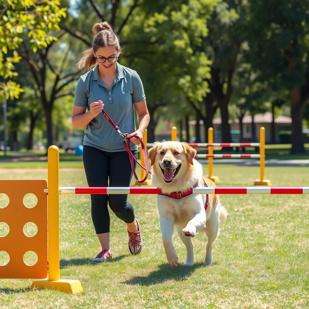 Entrenador y perro en un parque soleado.